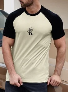 Manfinity 男士王冠和字母圖案插肩袖T恤 - 卡其色 - 查看 7