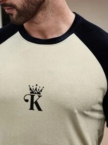 Manfinity 男士王冠和字母圖案插肩袖T恤 - 卡其色 - 查看 8