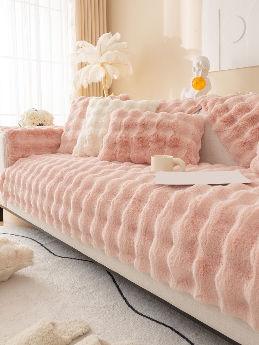 1pc Fluffy Sofa Towel,Imitation Rabbit Plush Sofa Cushion Slipcover Furniture Protector Living Room Decoration - Pink - View 1