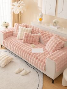 1pc Fluffy Sofa Towel,Imitation Rabbit Plush Sofa Cushion Slipcover Furniture Protector Living Room Decoration - Pink - View 4