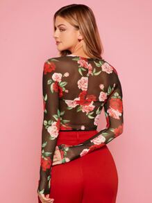 SHEIN Privé Floral Print Sheer Mesh Crop Top - Multicolor - View 2