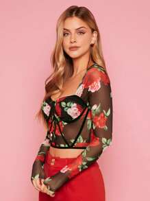 SHEIN Privé Floral Print Sheer Mesh Crop Top - Multicolor - View 4