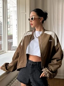 DAZY Letter Graphic Two Tone Drop Shoulder Bomber Jacket - Brown - View 1