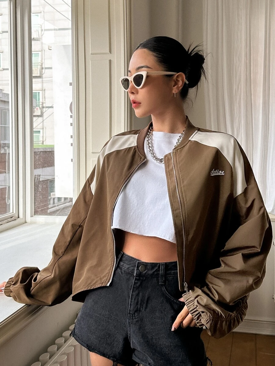 DAZY Letter Graphic Two Tone Drop Shoulder Bomber Jacket - Brown - View 1
