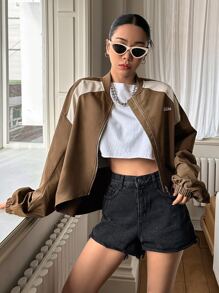 DAZY Letter Graphic Two Tone Drop Shoulder Bomber Jacket - Brown - View 3
