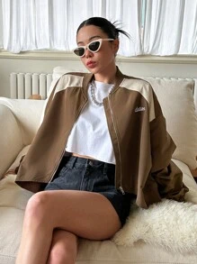 DAZY Letter Graphic Two Tone Drop Shoulder Bomber Jacket - Brown - View 4