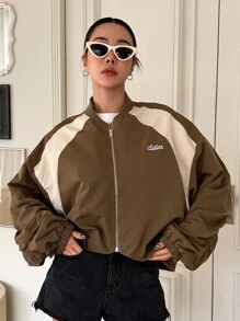 DAZY Letter Graphic Two Tone Drop Shoulder Bomber Jacket - Brown - View 5