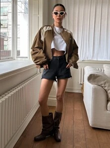 DAZY Letter Graphic Two Tone Drop Shoulder Bomber Jacket - Brown - View 6