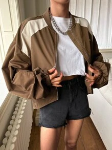 DAZY Letter Graphic Two Tone Drop Shoulder Bomber Jacket - Brown - View 7