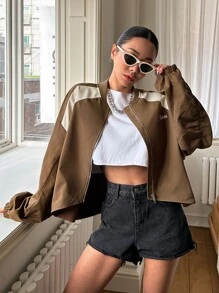 DAZY Letter Graphic Two Tone Drop Shoulder Bomber Jacket - Brown - View 8