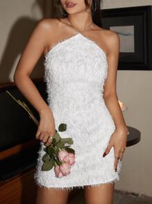 SHEIN ICON 繞頸交叉後背繫帶緊身連衣裙 - 白色 - 查看 3