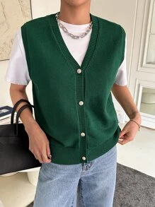 DAZY 1 Miếng Nút phía trước Áo len vest - Màu xanh lá cây đậm - Xem 3