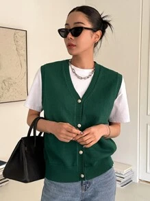 DAZY 1 Miếng Nút phía trước Áo len vest - Màu xanh lá cây đậm - Xem 2