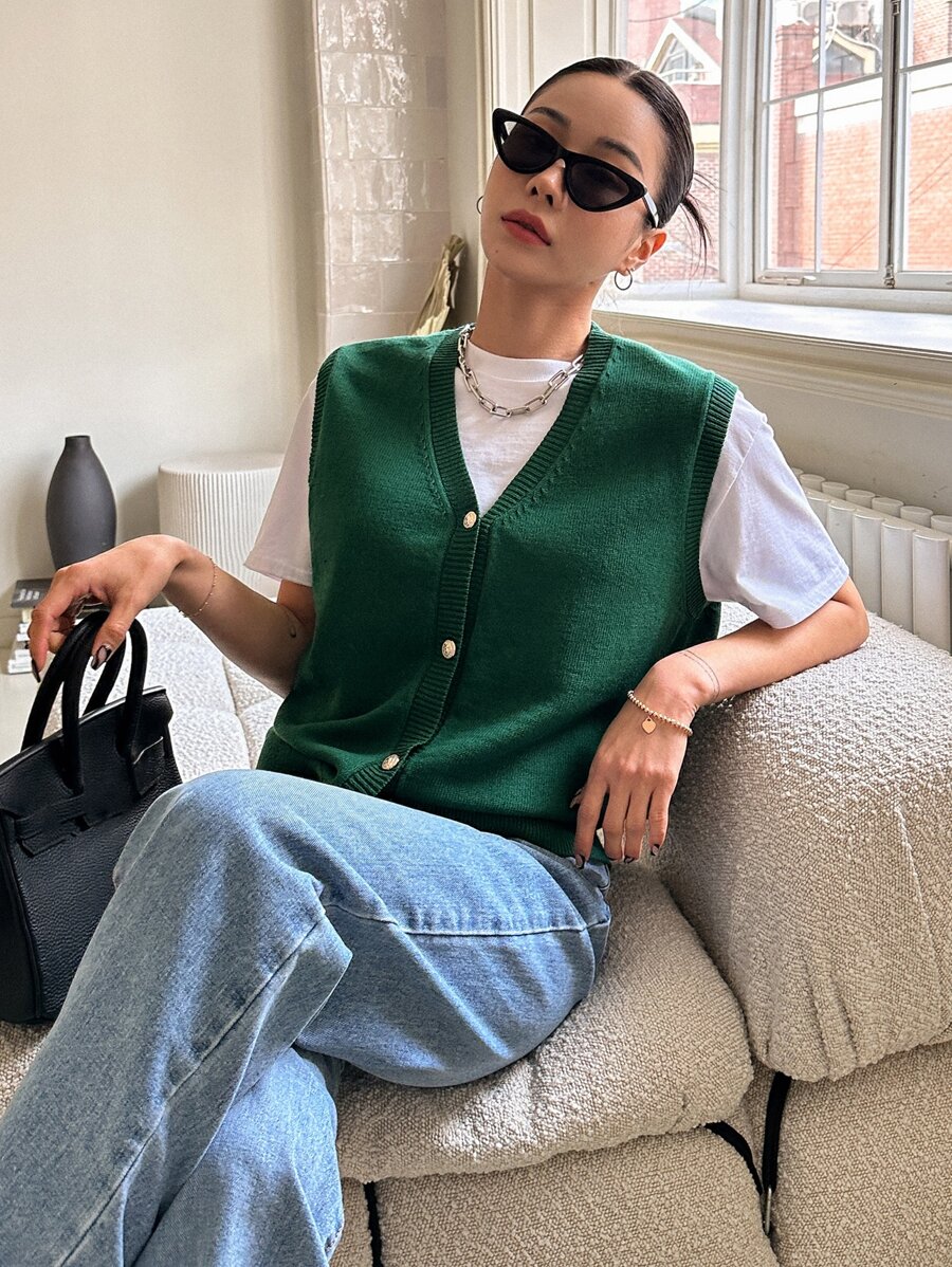 DAZY 1 Miếng Nút phía trước Áo len vest - Màu xanh lá cây đậm - Xem 1