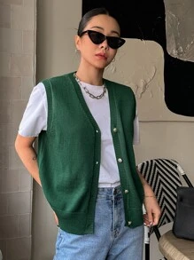 DAZY 1 Miếng Nút phía trước Áo len vest - Màu xanh lá cây đậm - Xem 4