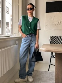 DAZY 1 Miếng Nút phía trước Áo len vest - Màu xanh lá cây đậm - Xem 5