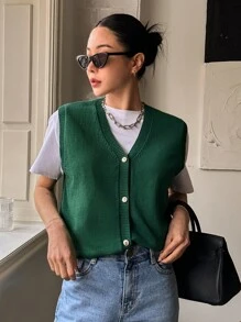 DAZY 1 Miếng Nút phía trước Áo len vest - Màu xanh lá cây đậm - Xem 6