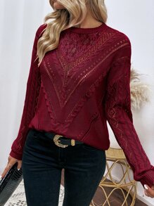 SHEIN Essnce Lace Panel Drop Shoulder Sweater - Burgundy - View 4