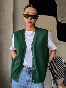 DAZY 1 Miếng Nút phía trước Áo len vest - Màu xanh lá cây đậm - Xem 7