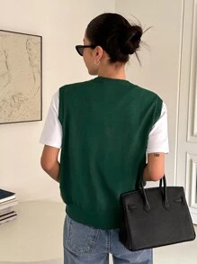 DAZY 1 Miếng Nút phía trước Áo len vest - Màu xanh lá cây đậm - Xem 8