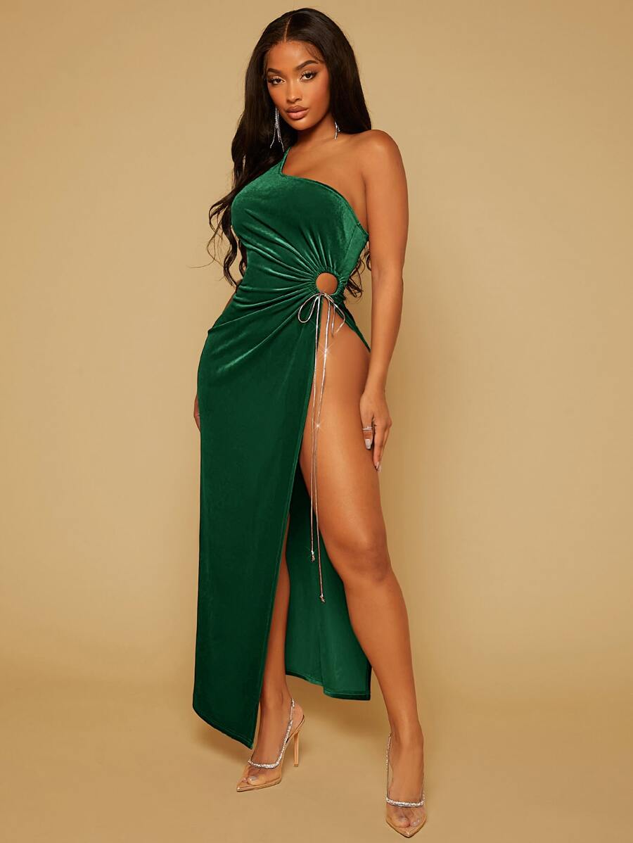 SHEIN SXY One Shoulder Cut Out Drawstring Split Thigh Velvet Dress - Dark Green - View 1
