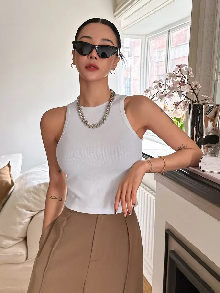 DAZY Áo hai dây Gân đan màu trơn Giải trí - trắng - Xem 1