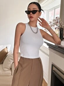 DAZY Áo hai dây Gân đan màu trơn Giải trí - trắng - Xem 5