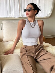 DAZY Áo hai dây Gân đan màu trơn Giải trí - trắng - Xem 6