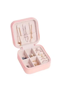 1 Pieza Caja De Almacenamiento Portátil Para Pendientes De Viaje, Mini Caja De Almacenamiento Para Anillos, Caja De Almacenamiento Para Collar. Regalo De San Valentín - Rosa - Ver 1