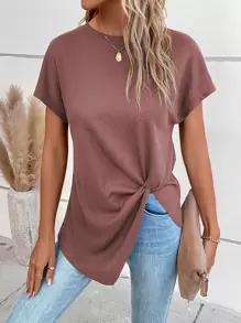 SHEIN LUNE Twist Front Batwing Sleeve Tee - Dusty Pink - View 1