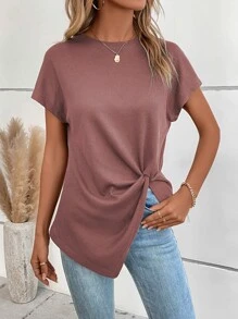SHEIN LUNE Twist Front Batwing Sleeve Tee - Dusty Pink - View 3