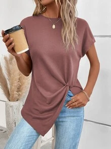 SHEIN LUNE Twist Front Batwing Sleeve Tee - Dusty Pink - View 5