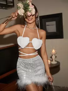 SHEIN ICON Fuzzy Trim Crisscross Tie Backless Crop Halter Top - White - View 3