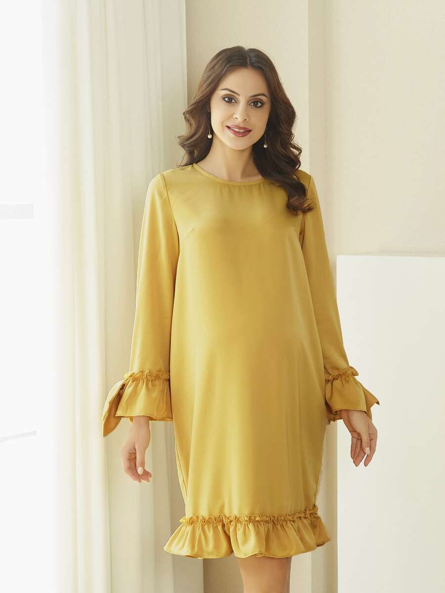 Maternidad Vestido unicolor de manga con volante bajo con fruncido - Amarillo - Ver 1