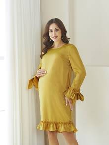 Maternidad Vestido unicolor de manga con volante bajo con fruncido - Amarillo - Ver 3