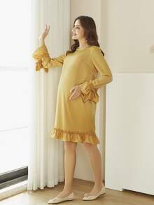 Maternidad Vestido unicolor de manga con volante bajo con fruncido - Amarillo - Ver 4