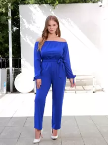 Jumpsuits Plus Size Thắt lưng viền lá sen màu trơn Thanh lịch - Xanh đậm - Xem 1