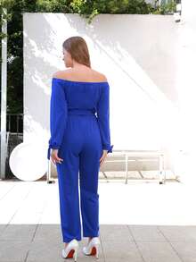 Jumpsuits Plus Size Thắt lưng viền lá sen màu trơn Thanh lịch - Xanh đậm - Xem 2