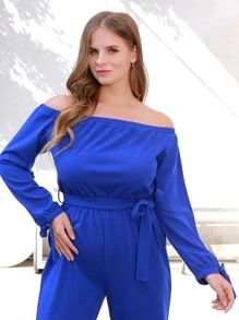 Jumpsuits Plus Size Thắt lưng viền lá sen màu trơn Thanh lịch - Xanh đậm - Xem 4