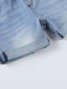 Baby Boy Washed Rolled Hem Denim Shorts - Light Wash - View 6