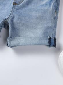 Baby Boy Washed Rolled Hem Denim Shorts - Light Wash - View 7