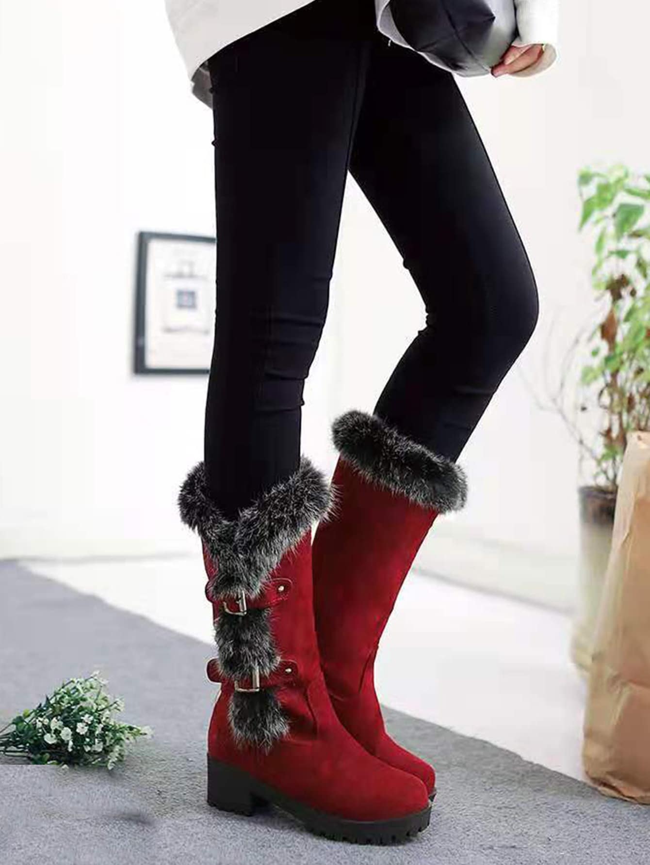 Buckle Decor Fuzzy Trim Faux Suede Riding Boots