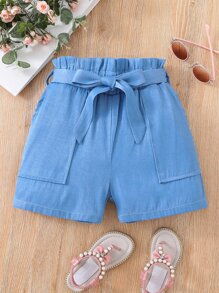 Girls Paperbag Waist Belted Shorts - Blue - View 1