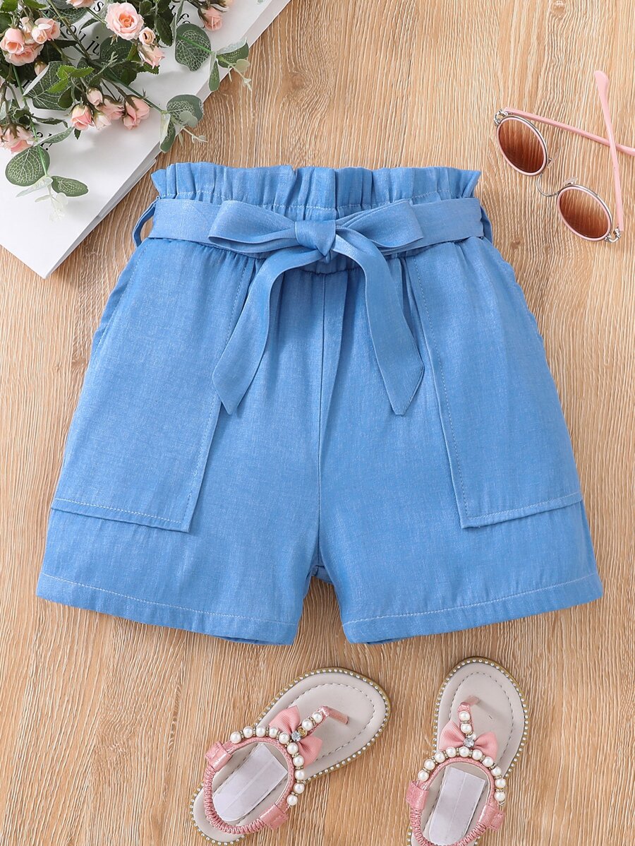Girls Paperbag Waist Belted Shorts - Blue - View 1