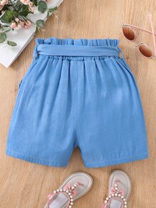 Girls Paperbag Waist Belted Shorts - Blue - View 2