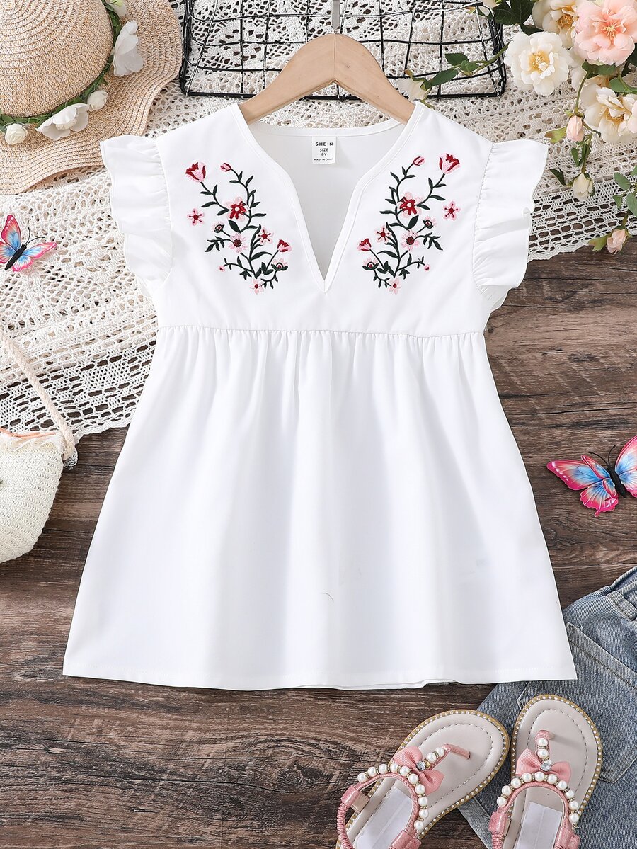 Chicas Blusa peplum con bordado floral ribete con fruncido - Blanco - Ver 1