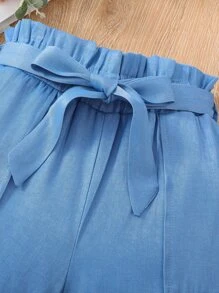 Girls Paperbag Waist Belted Shorts - Blue - View 5