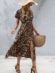 SHEIN VCAY Leopard Print Split Thigh Dress - Brown - View 1