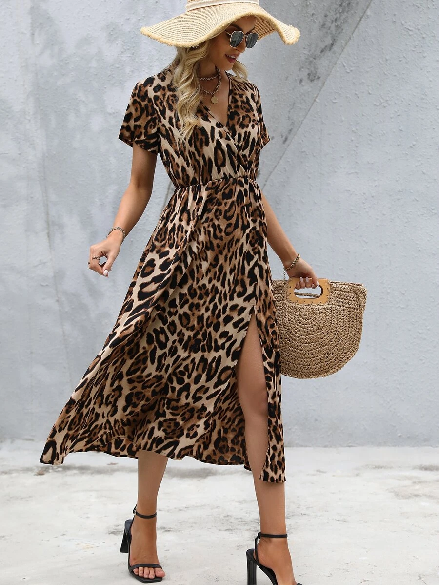 SHEIN VCAY Leopard Print Split Thigh Dress - Brown - View 1