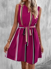SHEIN Clasi Striped Notched Neck Belted Dress - Hot Pink - View 1